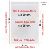 6X20+5 Cm.(6X25) 250 Adet Şeffaf Bantlı Yapışkanlı Opp Poşet