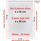 6x25+5 cm.(6x30) 50 Adet Şeffaf Bantlı Yapışkanlı OPP Poşet