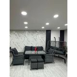 7 Kişilik Rattan Bahçe Balkon Teras Oturma Grubu Antrasit Minderli (3+1+1) 80X140 Cm Masa, 2 Adet Puf Ve 2 Kişilik Rattan Salıncak Seti - Antrasit Gri