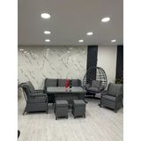 7 Kişilik Rattan Bahçe Balkon Teras Oturma Grubu Gri Minderli (3+1+1) 80X140 Cm Masa, 2 Adet Puf Ve Tek Kişilik Rattan Salıncak Seti - Antrasit Gr