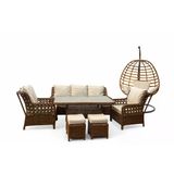 7 Kişilik Rattan Bahçe Balkon Teras Oturma Grubu Krem Minderli (3+1+1) 80X140 Cm Masa, 2 Adet Puf Ve Tek Kişilik Rattan Salıncak Seti - Kahverengi