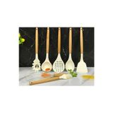 7 Parça Bambu Saplı Silikon Kepçe Spatula Mutfak Seti Kremrengi