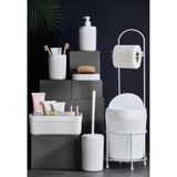 7 Parça Banyo Seti Çöp Kovalı Tuvalet Kağıtlığı ve Fırçası - Kozmetik Kutusu - Diş Fırçalık - Katı ve Sıvı Sabunluklar (BEYAZ)