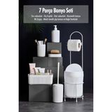 7 Parça Beyaz Banyo Seti Metal Stantlı Kovalı Wc Kağıtlık Kozmetik Kutusu Diş Fırçalık ve Sabunlukla