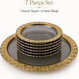 7 Parça Füme Cam Pasta Tabağı Sunum Tepsisi Gold Desenli Takım Sudedi Home