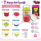 7 Parça Raflı Çelik Tencere Tava Seti, Kapaklı Mutfak Pişirme Seti, Düzenleyici Standlı Çelik Tencere ve Tava Takımı ATF-683G-2-5 (Karışık) - Çok Renkli