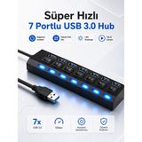 7 Port USB 3.0 Çoklayıcı Hub - Adaptör Destekli On/off Anahtarlı