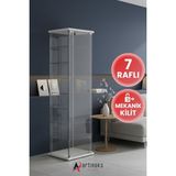 7 Raflı Kilitli Cam Vitrin Dolap Gümüşlük Koleksiyon Sergi Kitaplık Kapaklı Büfe Mutfak Raflı Detolf - Beyaz