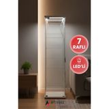 7 Raflı Ledli Cam Vitrin Dolap Gümüşlük Koleksiyon Sergi Kitaplık Kapaklı Büfe Mutfak Raflı Detolf - Beyaz
