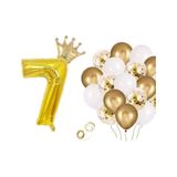 7 Rakam Gold Folyo Balon, Kral Tacı Ve Konfetili Gold Balon