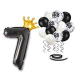 7 Rakam Siyah Folyo Balon, Kral Tacı Ve Konfetili Siyah Balon Set