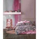 %70 Pamuklu Çift Kişilik Nevresim Takımı Yorgan Kılıfı Seti + Lastikli Çarşaf +2 Yastık Kılıflı-KALP DESEN (Pembe-Kalp-Love)