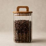 700 ml Ahşap Kapaklı ve Saplı Kare Oluklu Cam Kahve Saklama Kavanozu, Şeffaf Erzak Kabı, Kahve Çekirdeği, Kuruyemiş, Şeker, Bakliyat ve Mutfak Saklama - Çok Renkli - Standart