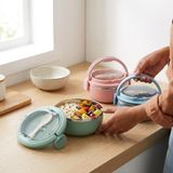 700 ml Paslanmaz Çelik Yemek Kabı, Kaşıklı, Saplı ve Kilitli Yuvarlak Lunch Box, Mavi Yeşil Pembe Renk Seçenekli, 12X11X13CM Kapaklı Saklama ve Taşıma