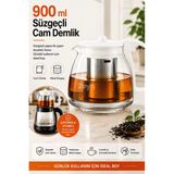 700 Ml Süzgeçli Cam Demlik – Paslanmaz Çelik Filtreli, Beyaz Kapak Ve Kulplu Çay Demleme Demliği