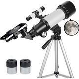 70MM Başlangıç Seviyesi Teleskop, Taşınabilir Seyahat Teleskobu, Tripod ve Telefon Aparatlı - Beyaz