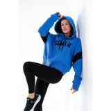 724512_Kadın Kapüşonlu Oversize Sweatshirt - Parmak Yırtmaçlı, Kolej Stili, 00404 Mavi, S