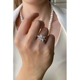 7,5 Mm Çiçek Modelli Zirkon Taşlı Doğal İnci Küpe Kolye Bileklik Yüzük Dörtlü Set