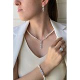 7,5 Mm Kadın Çiçek Modelli Zirkon Taşlı Doğal İnci Küpe Kolye Bileklik Yüzük Dörtlü Set