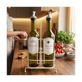 750 ml 2’li Yağdanlık Seti ve Beyaz Metal Stand, Zeytinyağı Ayçiçek Yağı Şişesi, Sızdırmaz Kapaklı Cam Yağlık Sirkelik, Dökme Başlıklı Mutfak Yağlık Sosluk Takımı