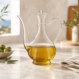 750 ml İbrik Formlu Cam Yağdanlık, Cam Kapaklı Uzun İnce Akıtma Uçlu Zeytinyağı Sirke ve Sosluk, Ergonomik Kulplu Şeffaf Yağlık
