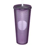 750 ml Kapaklı ve Pipetli Soğuk Içecek Bardağı - Mor Kristal Desenli Seyahat Kupası, Termal Yapı, Buzlu Doku, Buzlu Kahve Smoothie Bardak Taşınabilir Yazlık Plastik Bardak (Mürdüm)