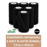 7,5cm 6'lı Set Kendinden Yapışkanlı Elastik Bandaj, Kohesiv Bandaj 7,5cm X 4.5m Spor, Bilek, Ayak Bileği, Veteriner Bandajı Siyah