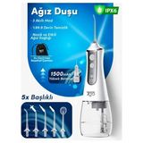 7go 7gmf1 Şarjlı Ağız Duşu (Water Flosser) – 300ML Su Haznesi, 5 Başlıklı Ipx6 Su Geçirmez Diş Temizleme Cihazı - Beyaz