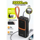 7go Gpw-08 30000mah Pd22.5w Hızlı Şarj Powerbank 4 Usb Çıkışlı, Dahili Type-c & Lightning Kablolu, Siyah