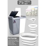 7'li Banyo Seti - 90 Lt Kirli Sepeti Katlanabilir Çamaşır Sepeti Su Kovası Maşrapa Yıkama Filesi Gri