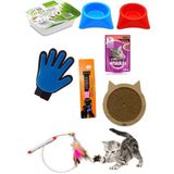 7'li Kedi Seti: Tasma, Tüy Temizleyici, Mama Kabı, Oyun Oltası, Tırmalama Tahtası, Kedi Çimi - Ahşap