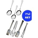 7'li Servis Maşa Seti/ 3 Adet Çelik Servis Kaşık 4 Adet Pasta Makarna Salata Şeker Maşası