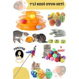 7'li Set : 3 Katlı Kedi Oyuncağı , Sarma Top , Olta , 3'lü Mini Top , Çıngıraklı Top