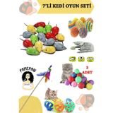 7'li Set : Kedi Çek Bırak Fare Oyuncağı , Sarma Top , Olta , 3'lü Mini Top , Çıngıraklı Top
