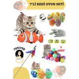 7'li Set :Kedi Nanesi Kokulu Peluş Balık Oyuncak , Sarma Top , Olta , 3'lü Mini Top , Çıngıraklı Top