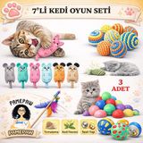 7'li Set : Kedi Nanesi Kokulu Peluş Oyuncak , Sarma Top , Olta , 3'lü Mini Top , Çıngıraklı Top