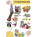 7'li Set : Kedi Tırmalama Çubuğu Oyuncak , Sarma Top , Olta , 3'lü Mini Top , Çıngıraklı Top