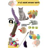 7'li Set : Kedi Tırmalama Oyuncağı , Sarma Top , Olta , 3'lü Mini Top , Çıngıraklı Top