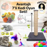 7'li Set: Kedi Tırmalama Tahtası , Sarma Top , Renkli Oyun Topu 3'lü , Tüylü Top Ve Kedi Oltası Seti
