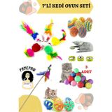 7'li Set : Tüylü Fare Kedi Oyuncağı , Sarma Top , Olta , 3'lü Mini Top , Çıngıraklı Top