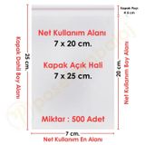 7x20+5 cm.(7x25) 500 Adet Şeffaf Bantlı Yapışkanlı OPP Poşet