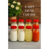 8 Adet 250 ml Şeffaf Sürahi Süt, Ayran, Su, Limonata, Meşrubat Şişesi Plastik Kapaklı Cam Şişe