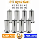 8 Adet Metal Mobilya Kanepe Koltuk Baza Yatak Çekyat Yükseltme Ayağı Ayakları M8 Civata Krom 12 Cm
