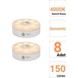 8 Adet Sensörlü LED Kabin Işık USB Şarjlı 4000K Doğal Beyaz Işık | Hareket Algılamalı Gece Lambası | Iç Mekan Kullanımına Uygun