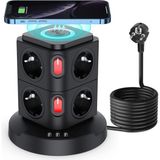 8 Bölmeli Çoklu Priz, 3 Usb, 2 Tekli Şalterli Priz, Priz Kulesi, Aşırı Yük Korumalı, Kablosuz Şarj Fonksiyonu, 2 M Uzatma Kablosu, 2500 W/10 A - Siyah - Çok Renkli - Standart