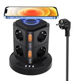 8 bölmeli çoklu priz, 3 USB, 2 tekli şalterli priz, priz kulesi, aşırı yük korumalı, kablosuz şarj fonksiyonu, 2 m uzatma kablosu, 2500 W/10 A - siyah