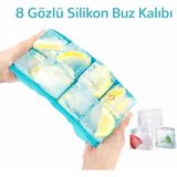 8 Bölmeli Silikon Buz Kalıbı, Büyük Xl Boy Küp Buzlar, Kokteyl Sunum Buz Kalıbı, Et Suyu Saklama - Turkuaz