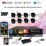 8 Kameralı Sesli 5 MP IP Gece Görüşlü Güvenlik Kamera Sistemi Tüm Mekanlar İçin -Hazır Kamera Seti