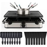 8 Kişilik Fondü/raclette Seti - Tavalar ve Kazıyıcı Dahil Masa Izgarası - Izgara Plakası ve Yapışmaz Kaplamalı Taş Tabak (Fondü Seti) - Siyah