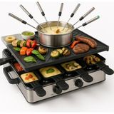 8 Kişilik Raclette Seti - Izgara Plakası ve Fondü Kabı Fonksiyonlu - Tava ve Kazıyıcı Dahil Masa Izgarası (Fondü Seti). - Siyah